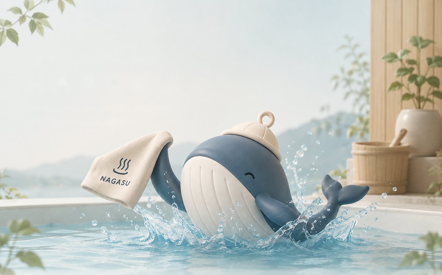 NAGASUのタオルを持って、水風呂に飛び込むクジラのNAGASUくん